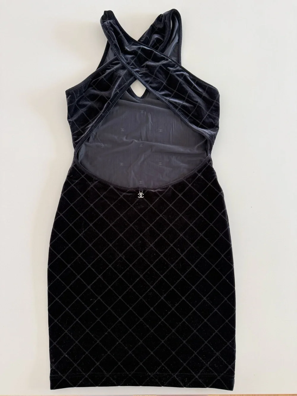 CHANEL Black Quilted Velvet V-Neck Mini Dress FR36 | US4